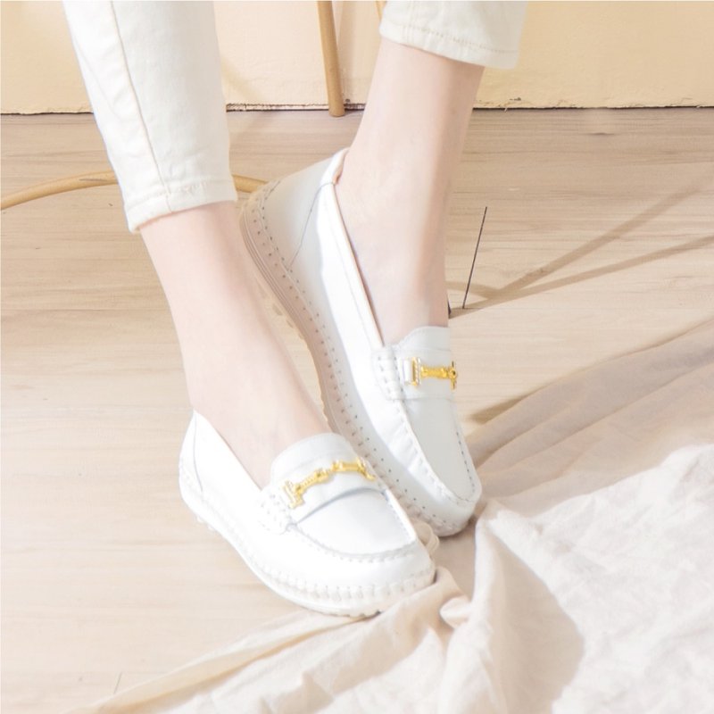 水钻马衔扣真皮懒人乐福磁石厚底气垫球囊鞋(云朵白) - 女款牛津鞋/乐福鞋 - 真皮 白色