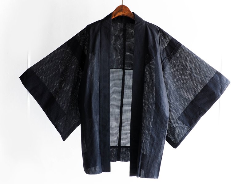 河水山 - 长野方型织纹透纱趣 日本古董和服外套 甚平 羽织 古着 kimono - 背带裤/连体裤 - 棉 黑色