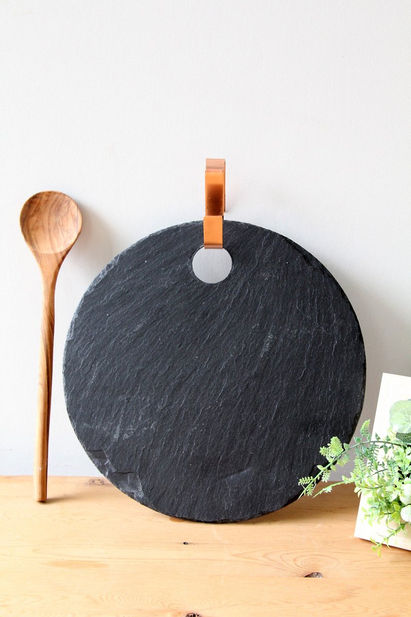 英国Selbrae House天然黑石板圆形附铜挂勾砧板/托盘30厘米 - 托盘/砧板 - 石头 黑色