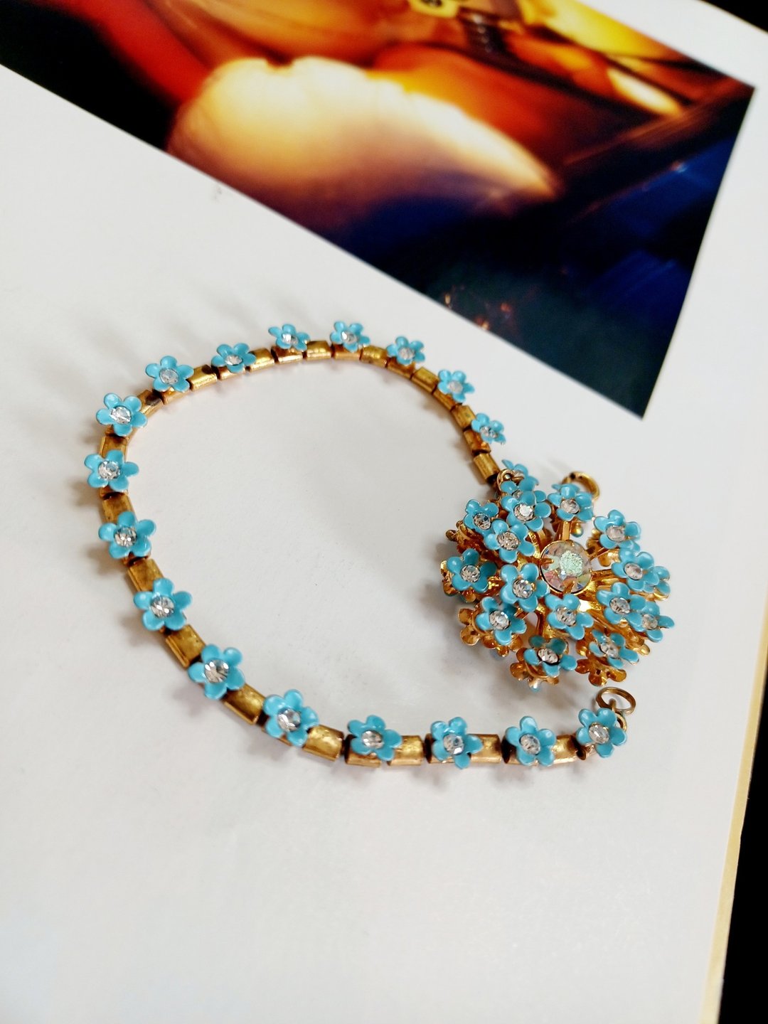vintage jewelry 古董黄铜  蓝色双面珐琅花 吊饰手环 - 手链/手环 - 其他金属 
