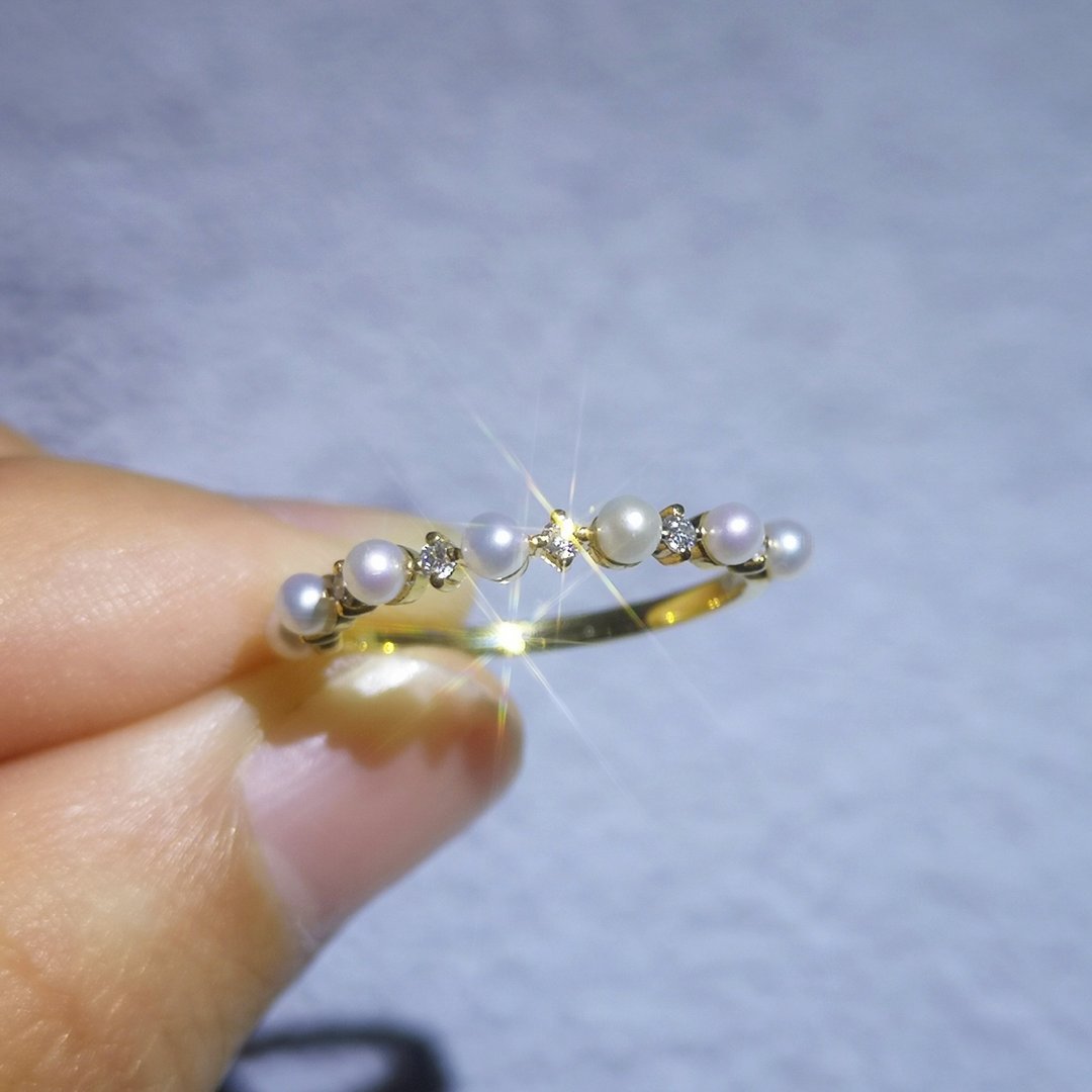 14k黄金 高光珍珠 金工设计 线戒 - 戒指 - 宝石 白色