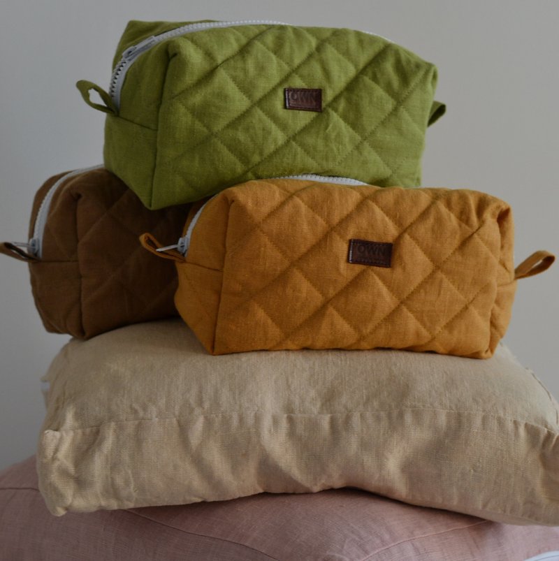 菱格纹亚麻化妆包 / 极简风彩妆包 - 化妆包/杂物包 - 亚麻 