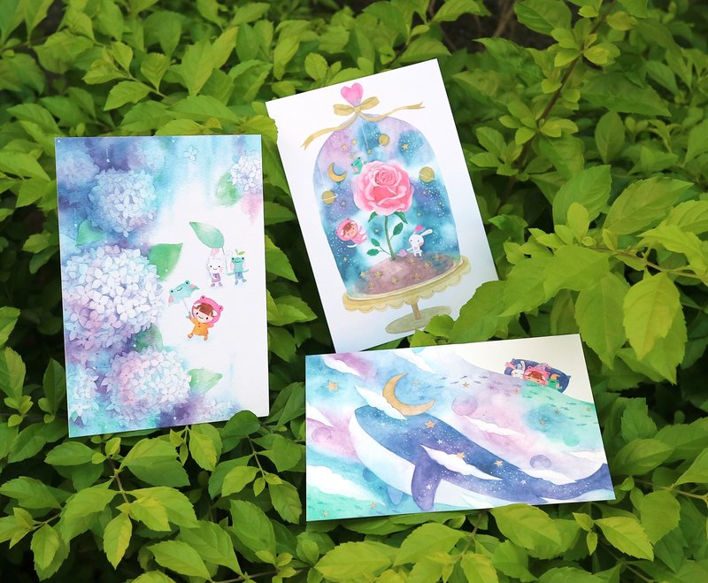 蛙蛙喵 绣球花 玫瑰花 鲸鱼 蓝色明信片组 三入 - 卡片/明信片 - 纸 蓝色