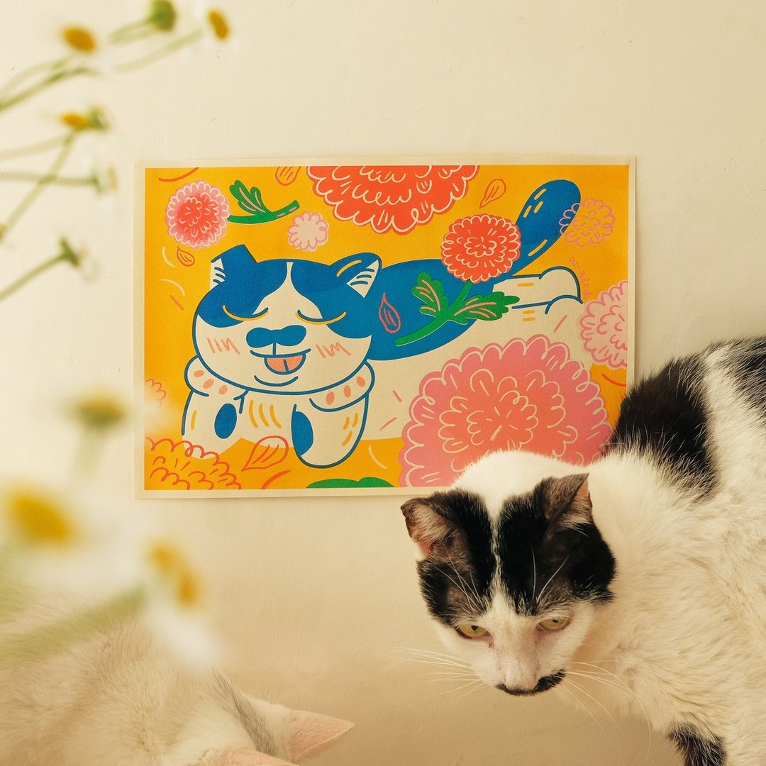 猫与花海报 / 豆吉 X 大理花 / A4 孔版印刷 - 海报/装饰画/版画 - 纸 黄色