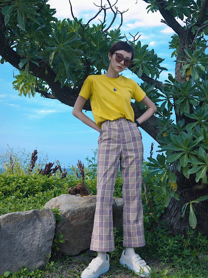 橘色格纹喇叭裤 - 女装长裤 - 聚酯纤维 