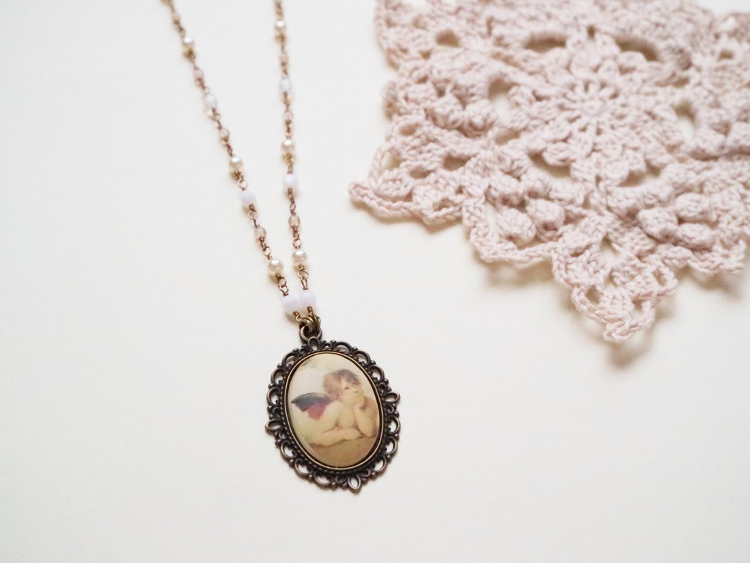 Angel Necklace Angel Put Sistina Czech Beads Pearl Painting Religious Painting Christianity - 项链 - 其他材质 咖啡色