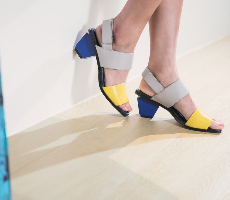 马卡龙色 宽带露趾钻跟凉鞋 黄蓝 - 男女凉鞋 - 真皮 黄色