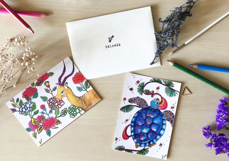 Set of 2 Colorful Animal Postcards // Impala // Turtle - 卡片/明信片 - 纸 红色