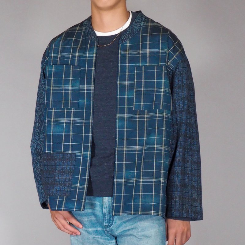 【日本制造】复古和服翻拍长袖衬衫男、靛蓝、拼布 - 男装衬衫 - 丝．绢 蓝色