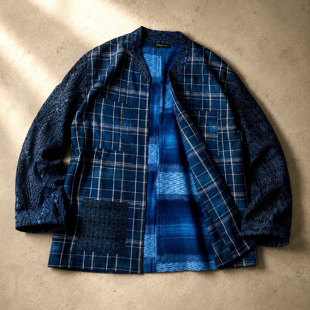 【日本制造】复古和服翻拍长袖衬衫男、靛蓝、拼布 - 男装衬衫 - 丝．绢 蓝色