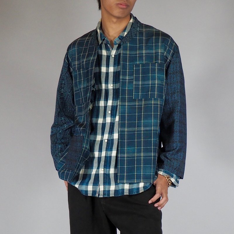 【日本制造】复古和服翻拍长袖衬衫男、靛蓝、拼布 - 男装衬衫 - 丝．绢 蓝色