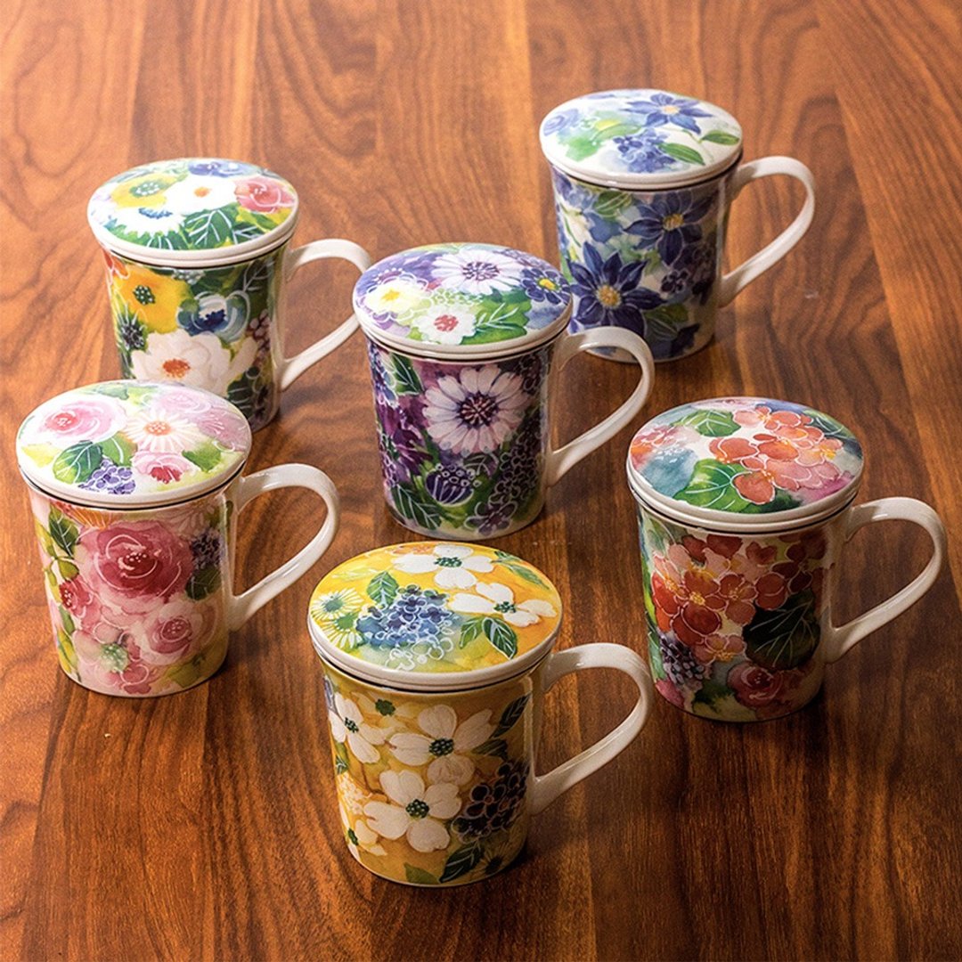 日本和蓝美浓烧陶瓷花语马克杯带盖带茶漏茶杯水杯咖啡杯生日礼物 - 咖啡杯/马克杯 - 瓷 