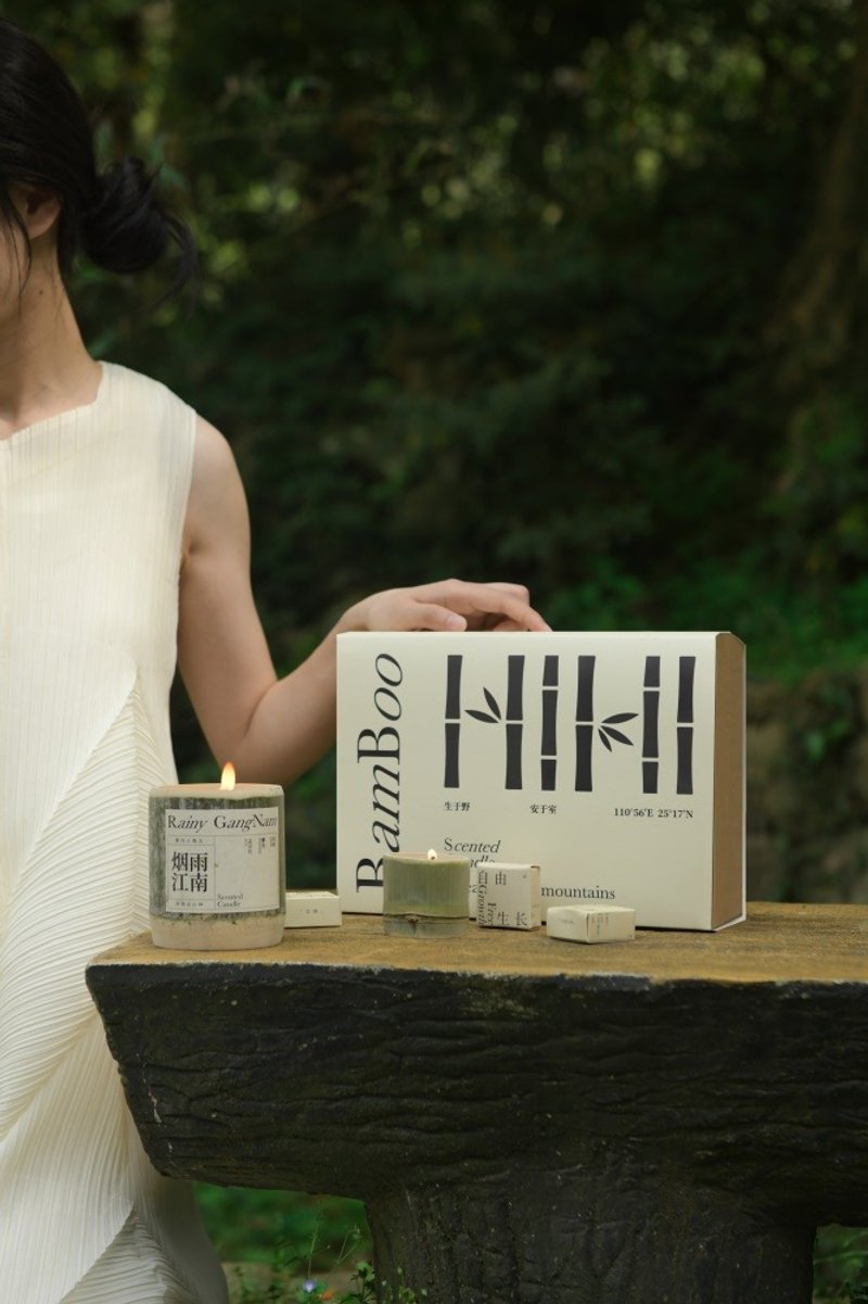 竹子香薰蠟燭禮盒 竹子蠟燭擺件 持久淡香 高級禮物 - 蜡烛/烛台 - 蜡 绿色