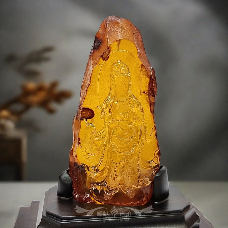 腾彪琥珀 顶级天然大蜜蜡原矿石窟站立观音 传家级摆件 赠典藏木 - 其他 - 半宝石 黄色