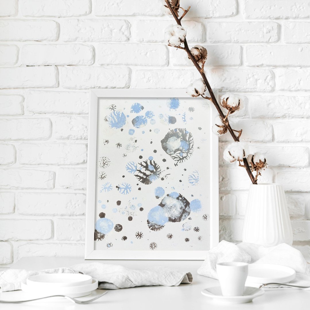 蓝色银抽象雪花 Monotype 印刷节日喜庆冬季墙艺术 - 海报/装饰画/版画 - 纸 蓝色