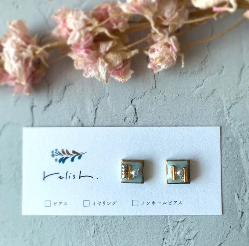 淡蓝色 美浓烧 磁砖 金继 线条 耳环 耳夹 无耳洞夹 方形 小巧 简约 四方 浅蓝 金 - 耳环/耳夹 - 陶 蓝色