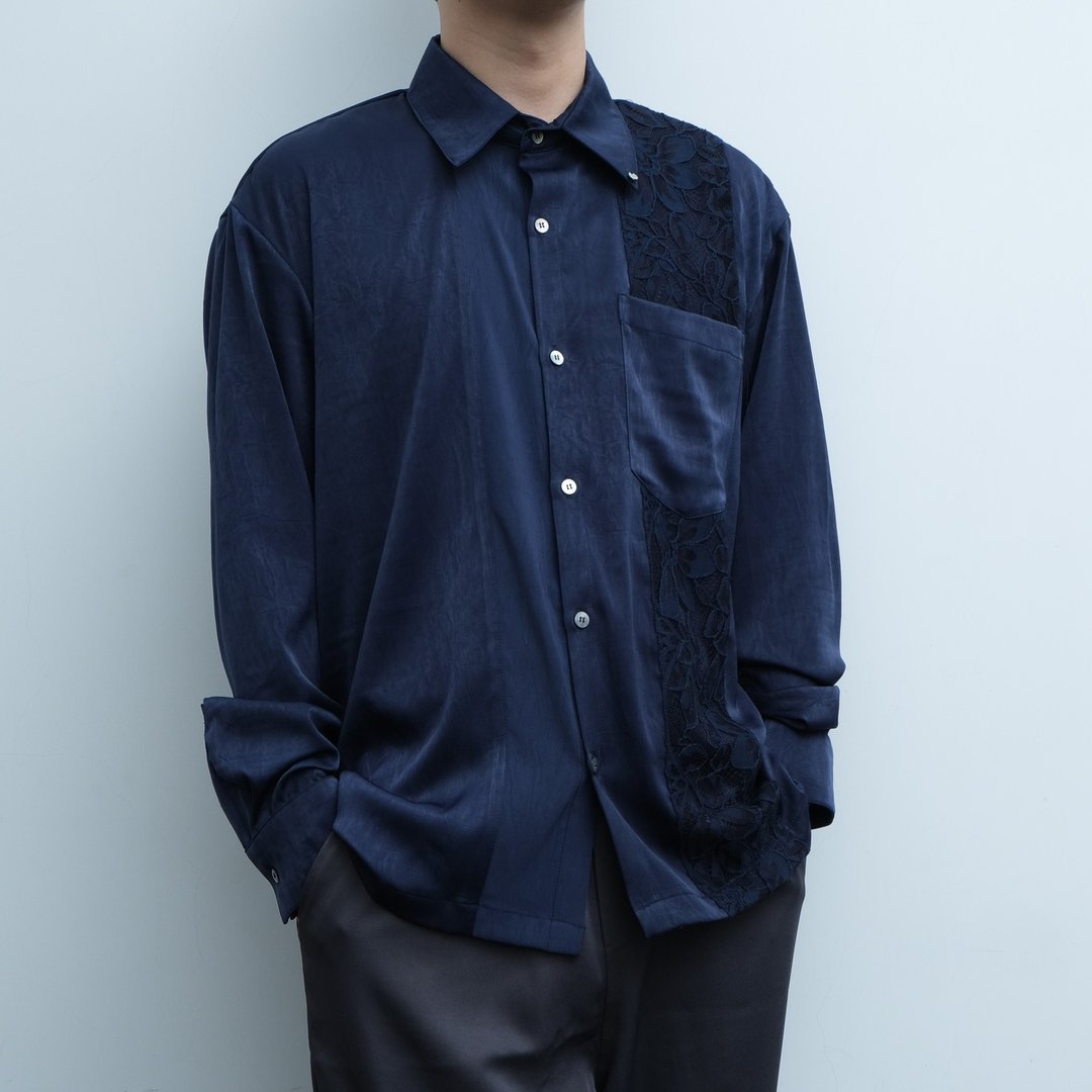 KAIKAI - Mirror Reflection - 蕾丝拼接暗纹长袖衬衫 - 男装衬衫 - 聚酯纤维 蓝色