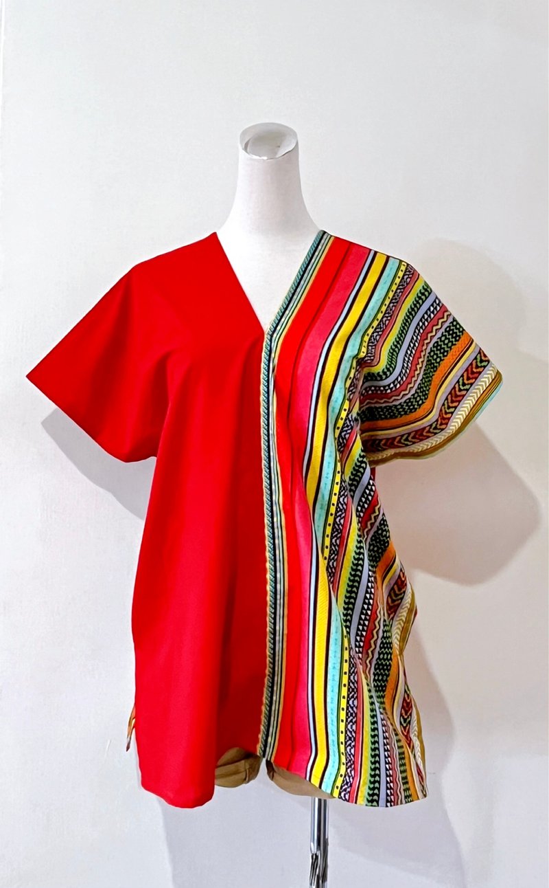 独一无二中长版鲜艳彩色几何图腾拼接红色撞色四角衣四方衣 - 女装上衣 - 棉．麻 红色