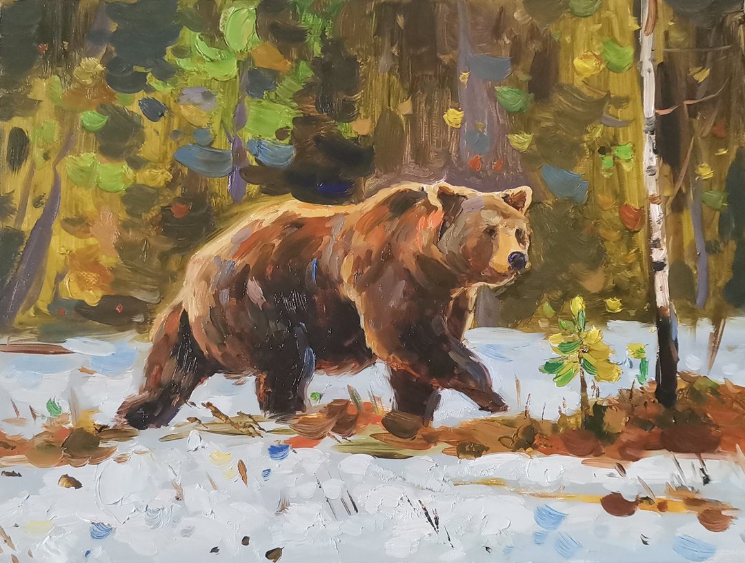 Bear Painting Original Art Canvas Animal Oil Painting - 海报/装饰画/版画 - 其他材质 咖啡色