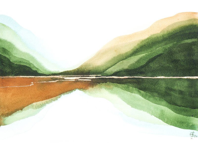 Green Mountains Art Original Painting Landscape Abstract Watercolor Minimalist - 海报/装饰画/版画 - 纸 绿色