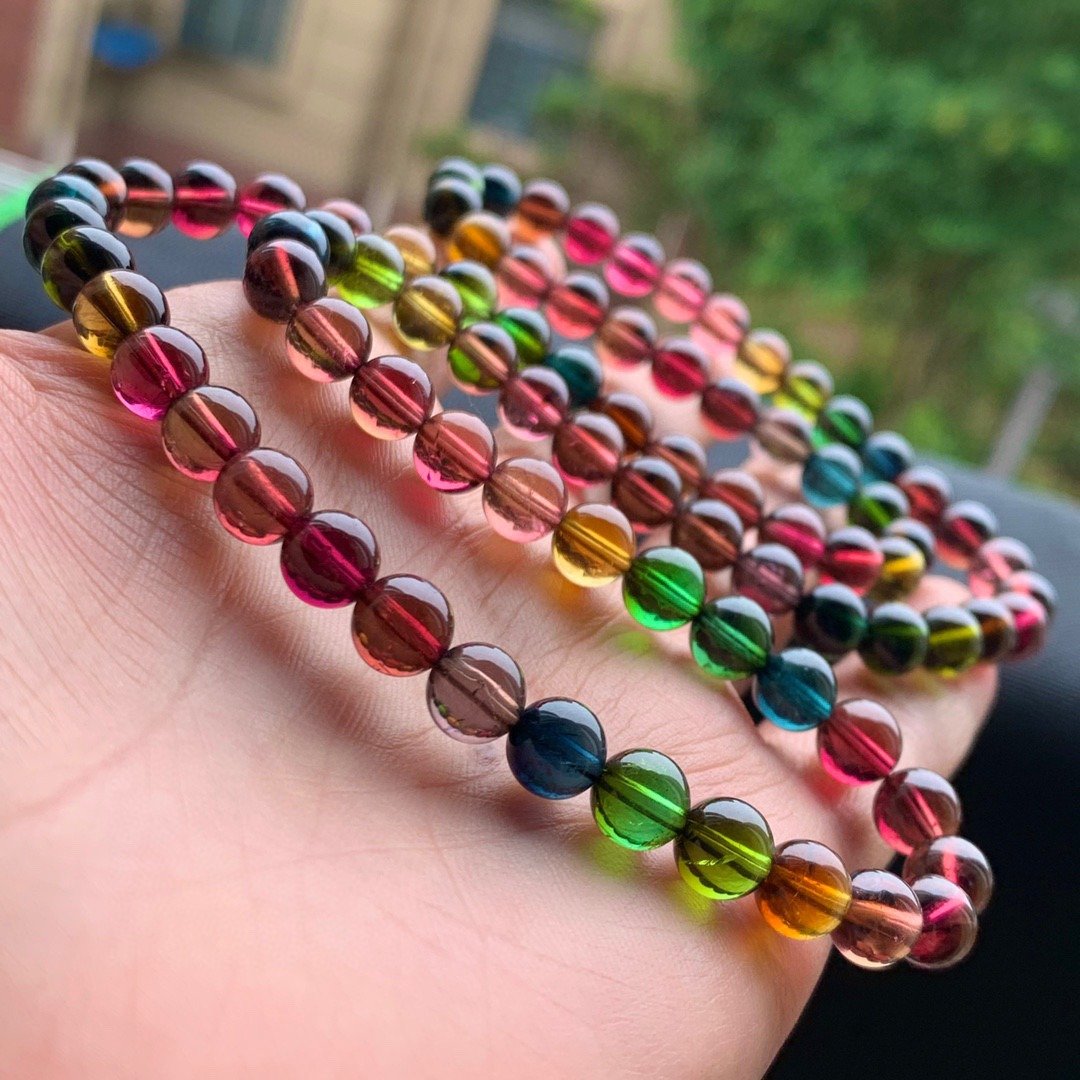 巴西老矿料 彩虹碧玺绕三圈手链 纯净油亮 浓艳亮丽 鸽血艳桃红 - 手链/手环 - 玉石 