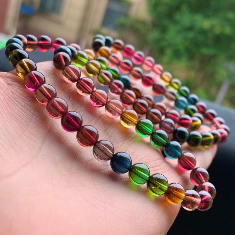 巴西老矿料 彩虹碧玺绕三圈手链 纯净油亮 浓艳亮丽 鸽血艳桃红 - 手链/手环 - 玉石 