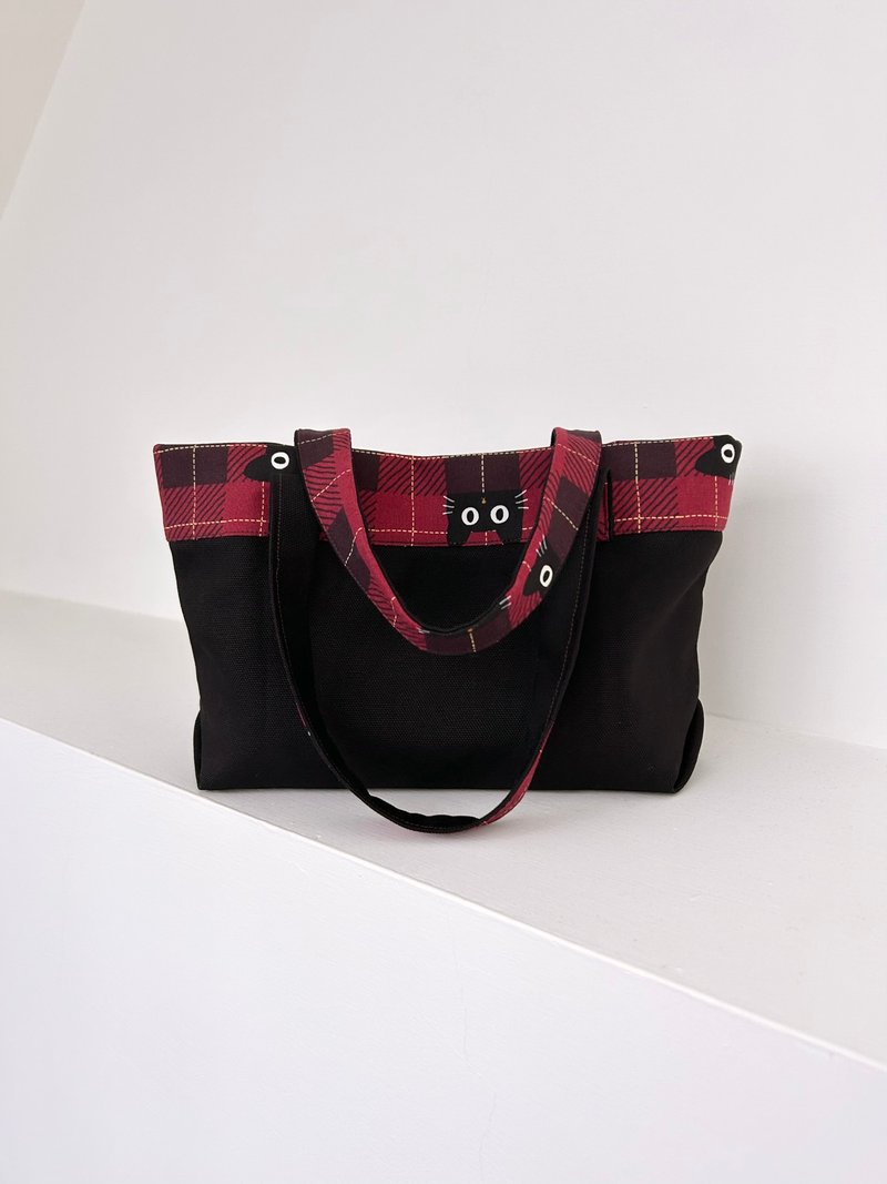 【躲猫猫】小黑猫格纹日常提袋 三色可选 - 手提包/手提袋 - 棉．麻 