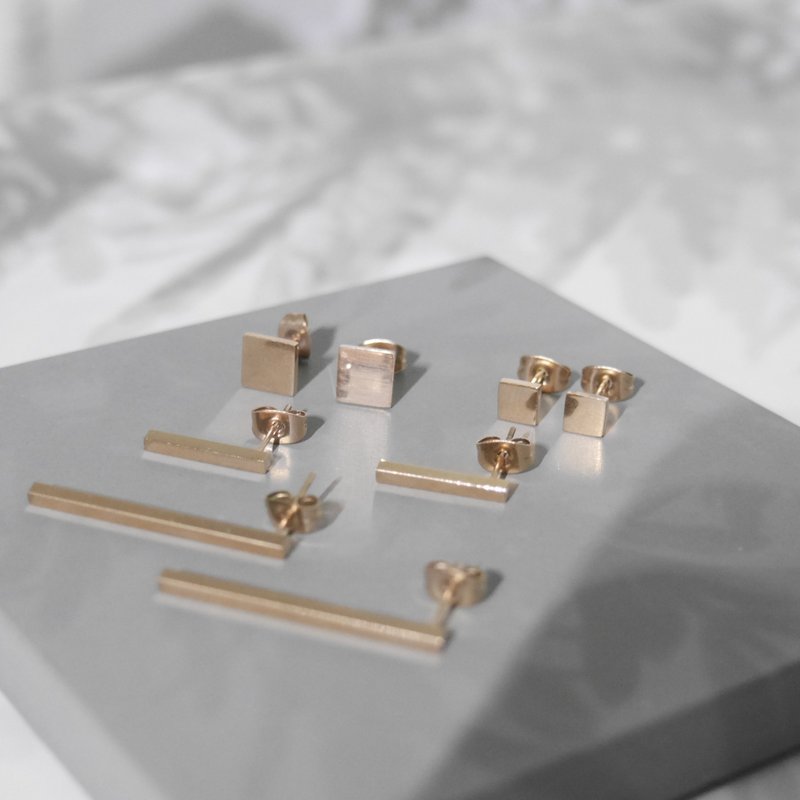 意大利纯18K金 玫瑰金 简约方形几何对称耳环 情人节纪念礼物 - 耳环/耳夹 - 其他金属 粉红色