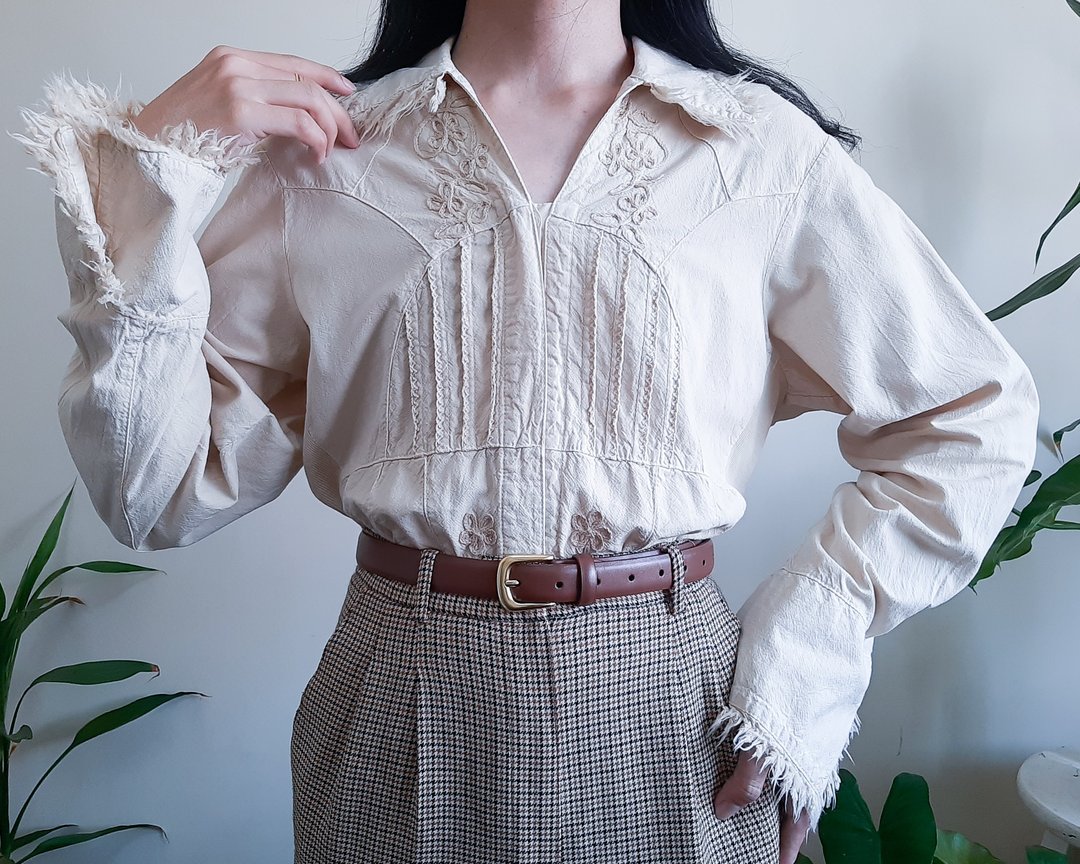 复古秘鲁刺绣衬衫 100% 纯棉米色衬衫纽扣上衣 - 女装衬衫 - 棉．麻 卡其色