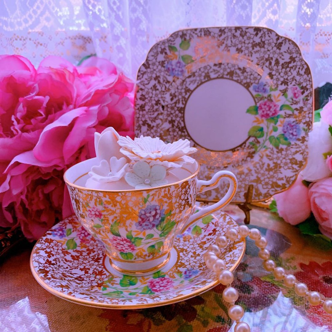 英国制骨瓷1950年花卉手绘绣球花图腾花茶杯咖啡杯3件组 - 茶具/茶杯 - 瓷 多色