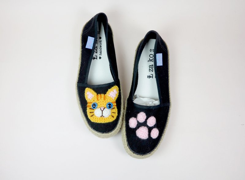 黑底 纯棉帆布手作鞋 橘子猫咪款 有编织款 - 女款休闲鞋 - 棉．麻 橘色