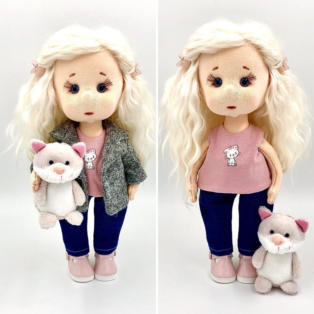 Textile doll with cat, Cloth doll, Xmas rag doll, Christmas Gift Wrapping - 玩具/玩偶 - 其他材质 粉红色
