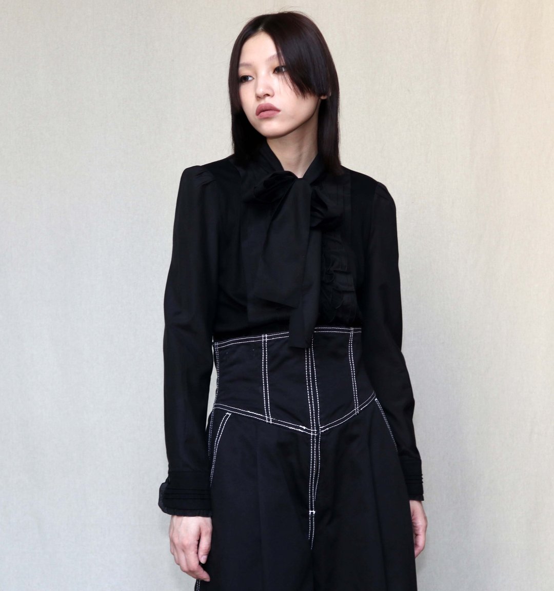 南瓜Vintage。TO BE CHIC 真丝 混纺 绑带 长袖 黑色 衬衫 - 女装衬衫 - 丝．绢 黑色