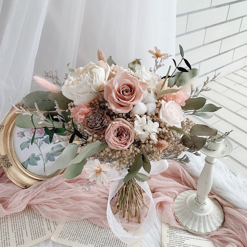 微奶茶森林奶茶色婚礼系列 永生捧花/胸花/手腕花/花童伴娘小捧花 - 干燥花/捧花 - 植物．花 