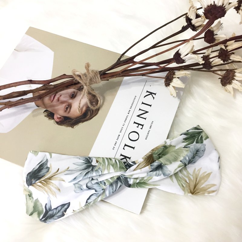 原野 / 叶子 白 绿 / 宽版 松紧手工发带 - 发饰 - 棉．麻 