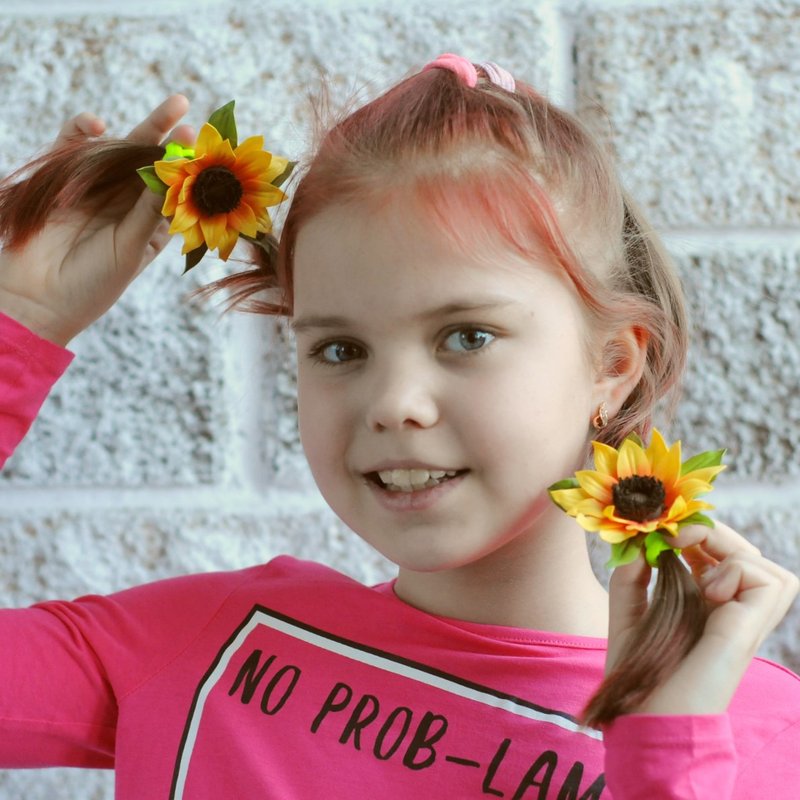 Hair ties with Sunflowers flowers. Floral hair accessories.  Hair ornaments kids - 发饰 - 其他材质 黄色