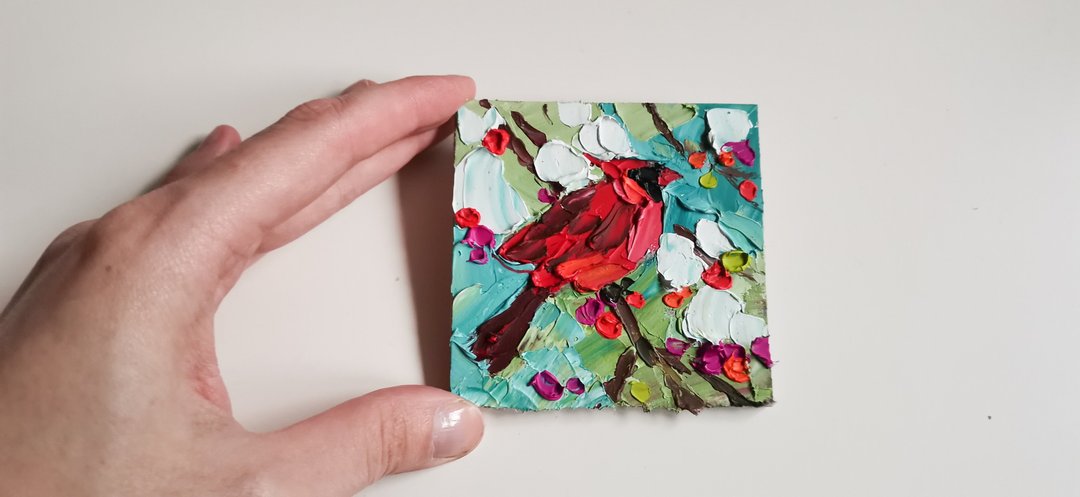 Cardinal Painting Original Art Bird Painting Oil Painting Small Painting by Vera - 海报/装饰画/版画 - 其他材质 红色