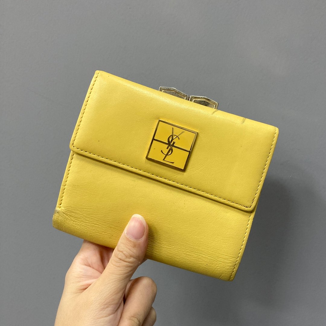 YSL 圣罗兰 立体logo 蝴蝶扣 少见黄色 古董皮夹 短夹 vintage - 皮夹/钱包 - 真皮 黄色