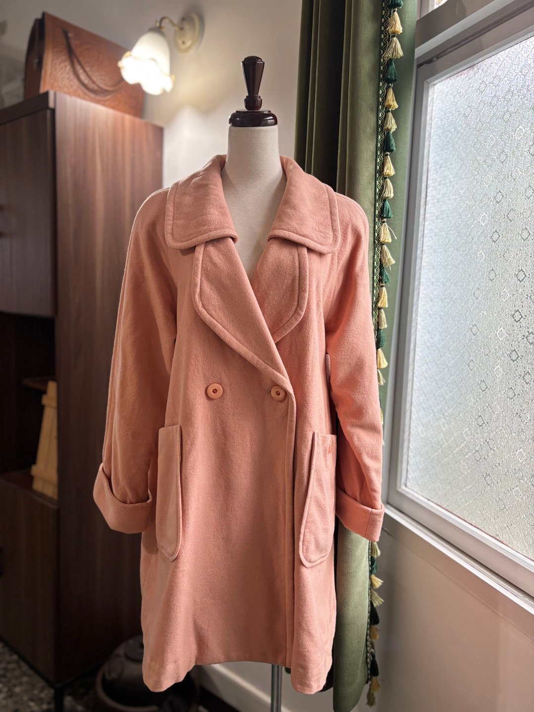 粉橘色喀什米尔混西服翻领混伞状古着大衣日本制 - 女装休闲/机能外套 - 羊毛 粉红色