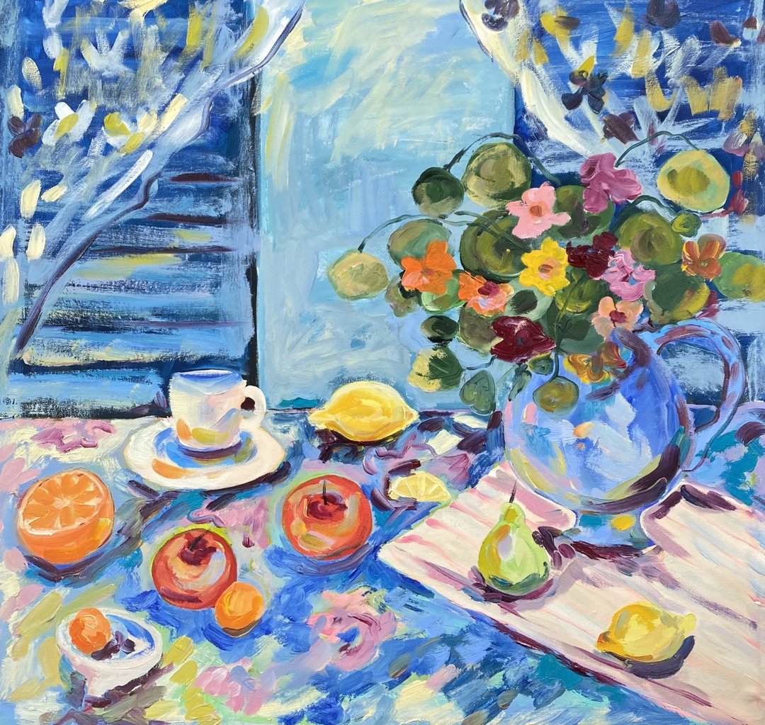 Summer Morning, Oil painting on canvas, Still life, Japanese style art, Fauvism. - 墙贴/壁贴 - 其他材质 蓝色