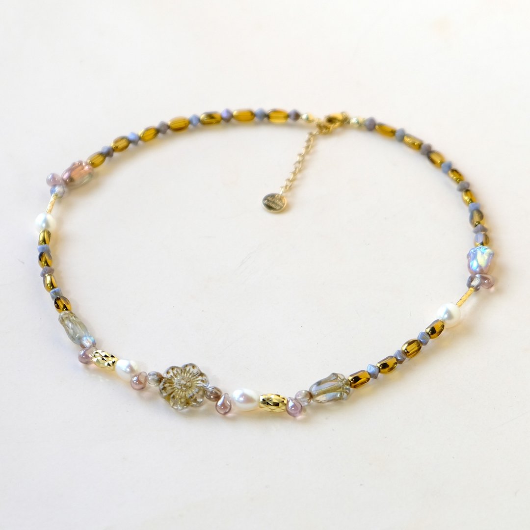 复古风 坚强的梅花 紫色郁金香琉璃珠 淡水珍珠 颈链 CHOKER C139 - 颈链 - 水晶 紫色