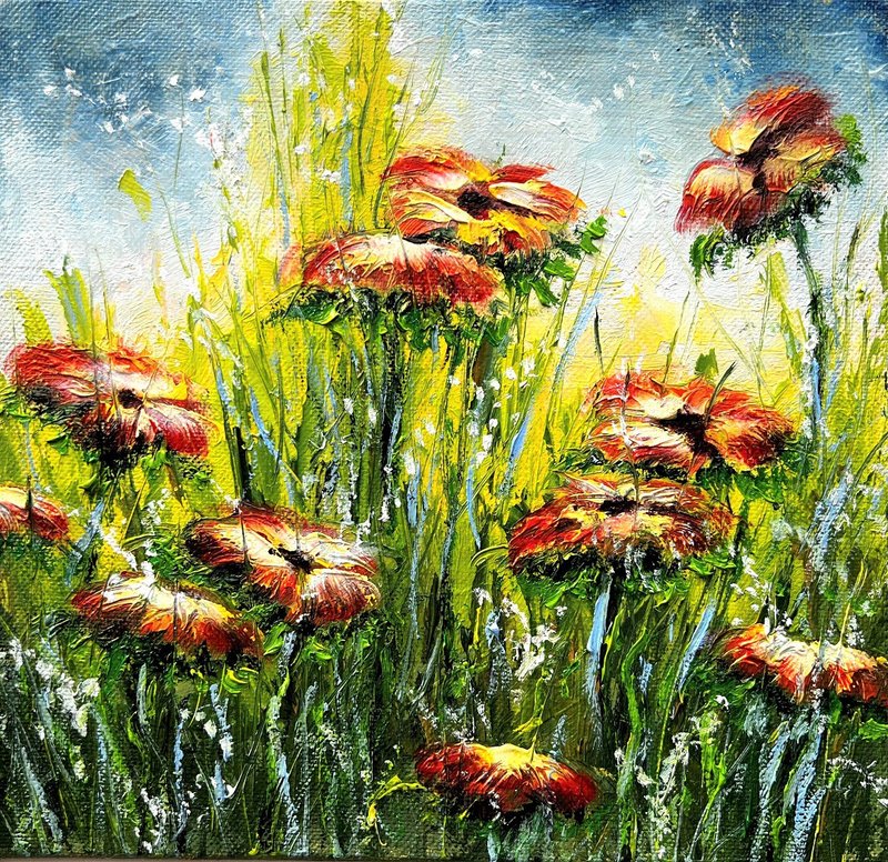 雏菊绘画花卉原创艺术品 20x20 厘米/ 8x8 英寸，作者：Oksana Stepanova - 海报/装饰画/版画 - 棉．麻 多色