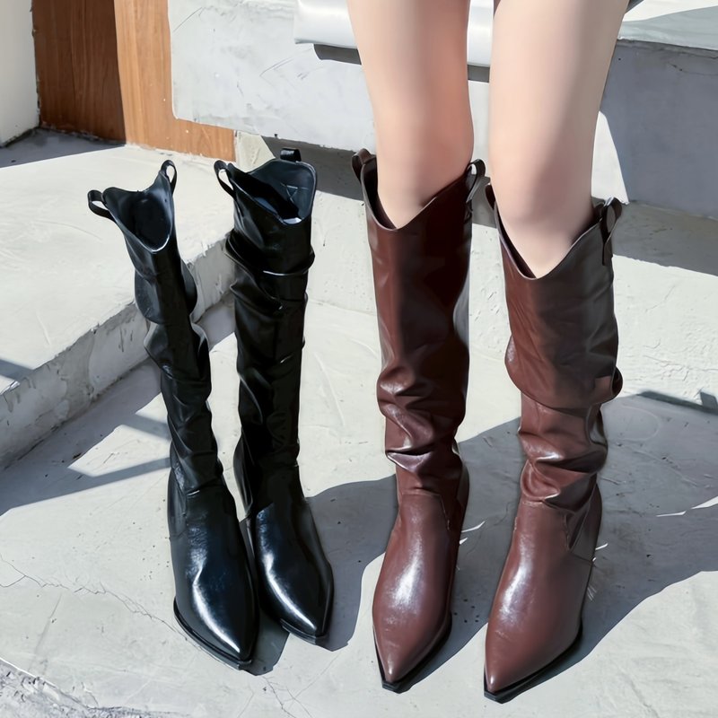 【I called Love】都会尖头V口皱褶细跟长靴 - 女款长靴 - 人造皮革 黑色