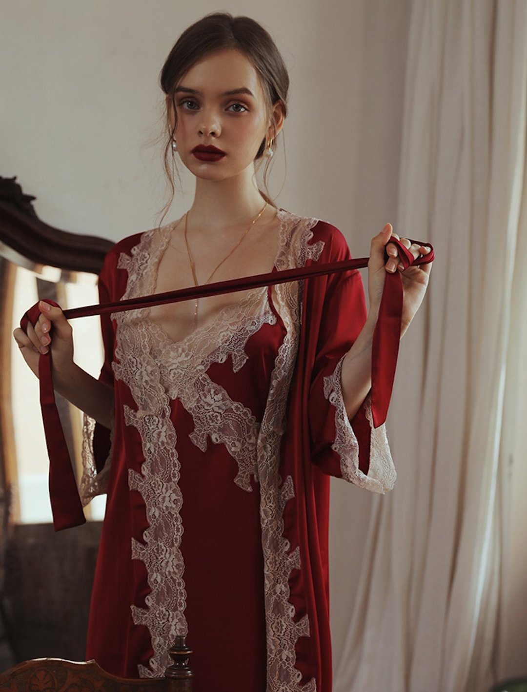 Red Night Sleep Dress Satin Lace - 居家服/睡衣 - 其他材质 