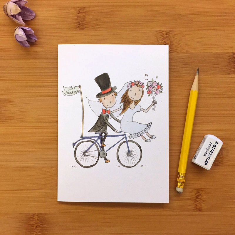 JUST MARRIED BIKE 脚踏车 新婚贺卡 万用卡 手绘插画 环保纸材 英国进口卡片 014 - 卡片/明信片 - 纸 多色