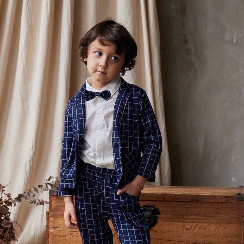 Charles系列蓝色格子西装外套裤子三件组 - 童装礼服/连衣裙 - 棉．麻 