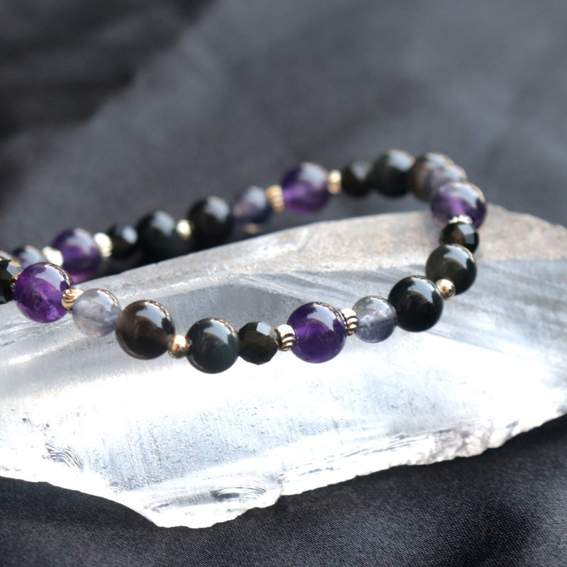 紫水晶-黑曜石-堇青石-招财-防小人-水晶手链 - 手链/手环 - 水晶 黑色