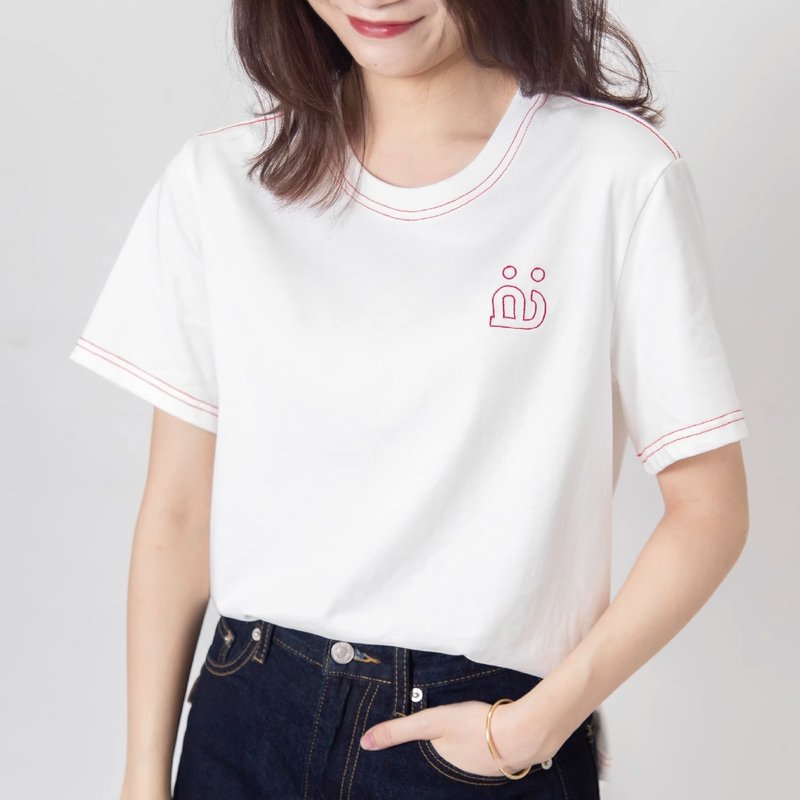archi 白色红色圆领薄款纯棉宽松撞色刺绣字母情侣设计感开衩T恤 - 女装 T 恤 - 棉．麻 白色