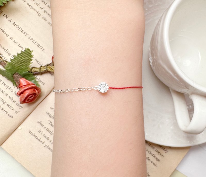 半线半链 纯银 单钻 超小 迷你 红线 手链 锆石 闺蜜 桃花 姻缘 - 手链/手环 - 纯银 红色