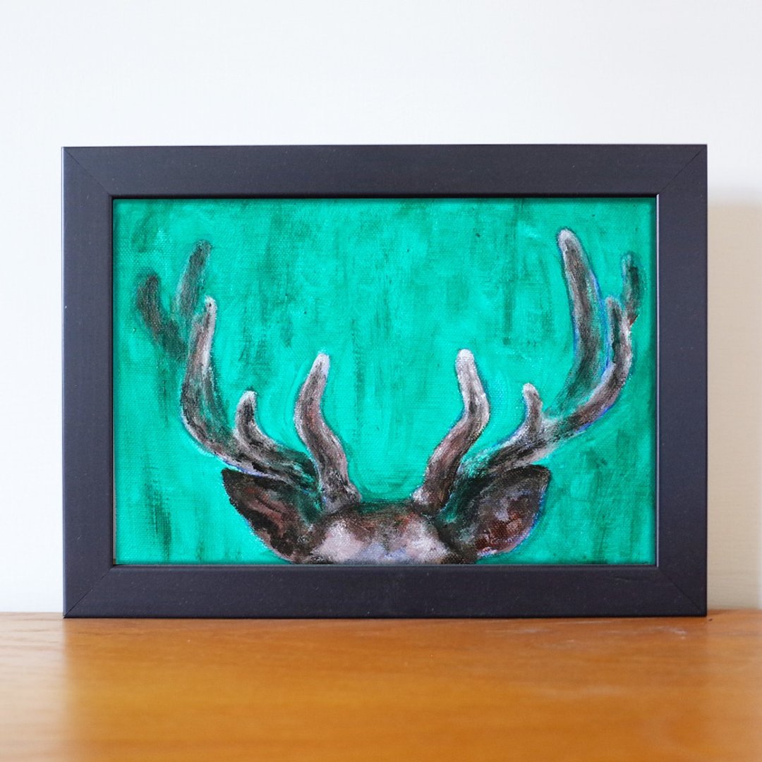 动物#26 鹿角 油画 F1号 含框尺寸约26*19cm - 海报/装饰画/版画 - 颜料 黑色